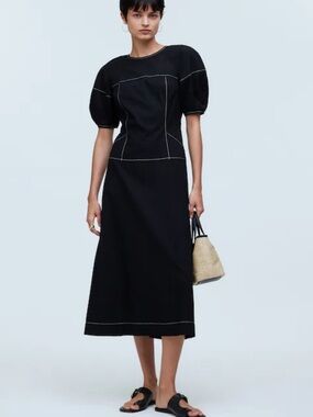 NWT Madewell Puff-Sleeve Drop-Waist Contrast Stitch Midi Dress